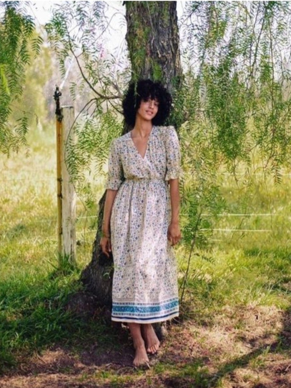 Christy Dawn Cream Maxi Dress with Blue Border